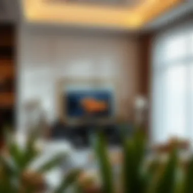 An elegant living room showcasing a stylish TV with NFT art elegantly framed on the screen