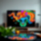A high-resolution image of a vibrant NFT artwork displayed on a modern large-screen television