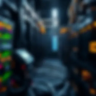 Advanced Cryptocurrency Mining Rig A high-tech cryptocurrency mining rig in operation