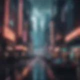 Futuristic cityscape blending cyberpunk aesthetics with digital art elements
