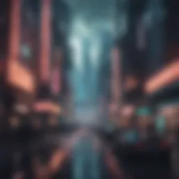 Futuristic cityscape blending cyberpunk aesthetics with digital art elements