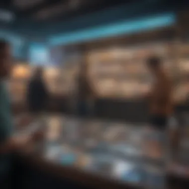 The New Era of Collectible Trading A futuristic market scene displaying the exchange of NFTs and virtual trading cards among collectors.