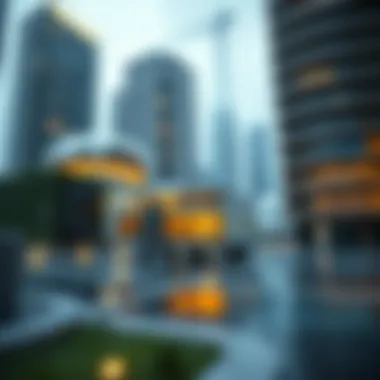 An abstract representation of blockchain technology supporting virtual real estate.