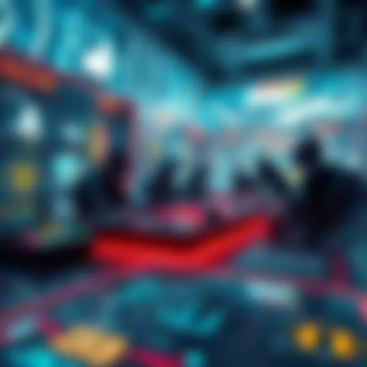 A futuristic scene depicting the convergence of gaming and blockchain technology