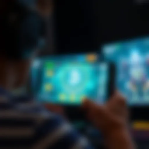 A gamer immersed in a mobile game with cryptocurrency rewards on their screen