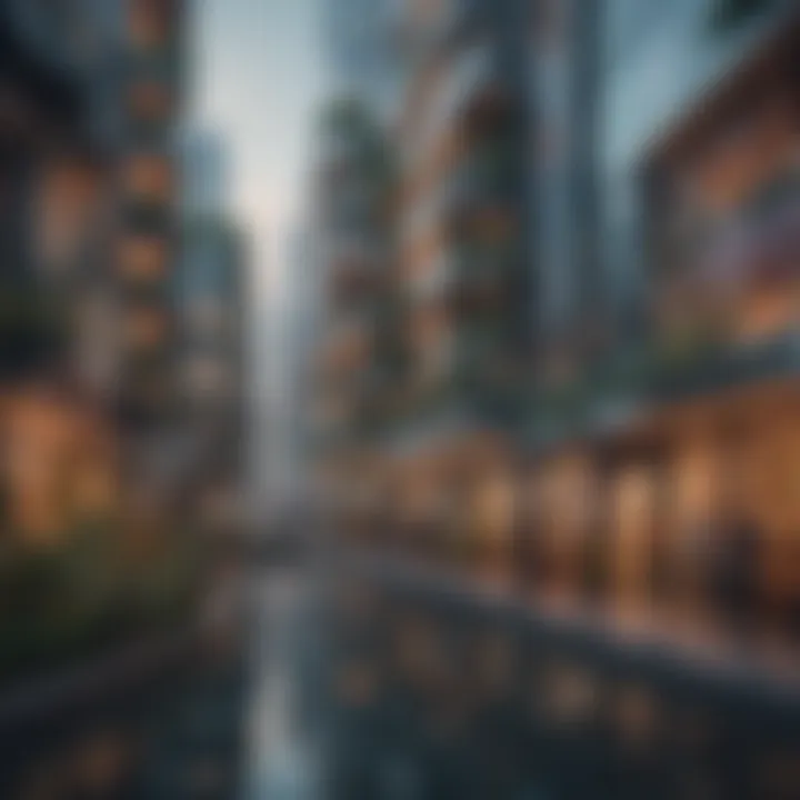 A futuristic view of a real estate marketplace powered by blockchain technology.