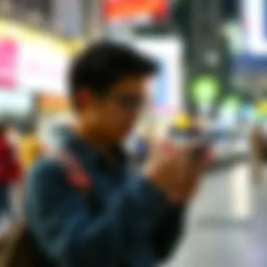 Currency Analysis for Travelers Traveler analyzing currency rates on a smartphone