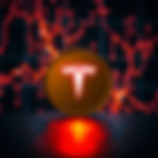 A digital representation of the Tesla Token symbol against a blockchain background