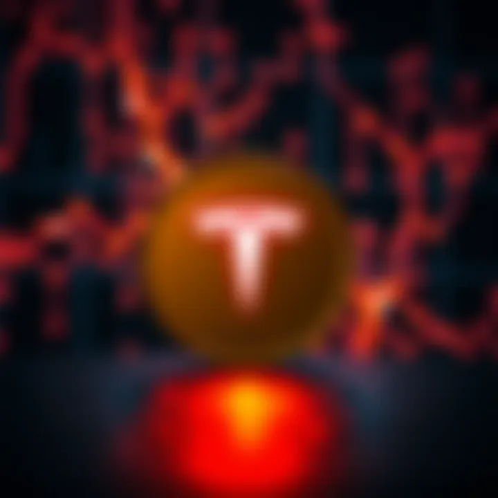 A digital representation of the Tesla Token symbol against a blockchain background